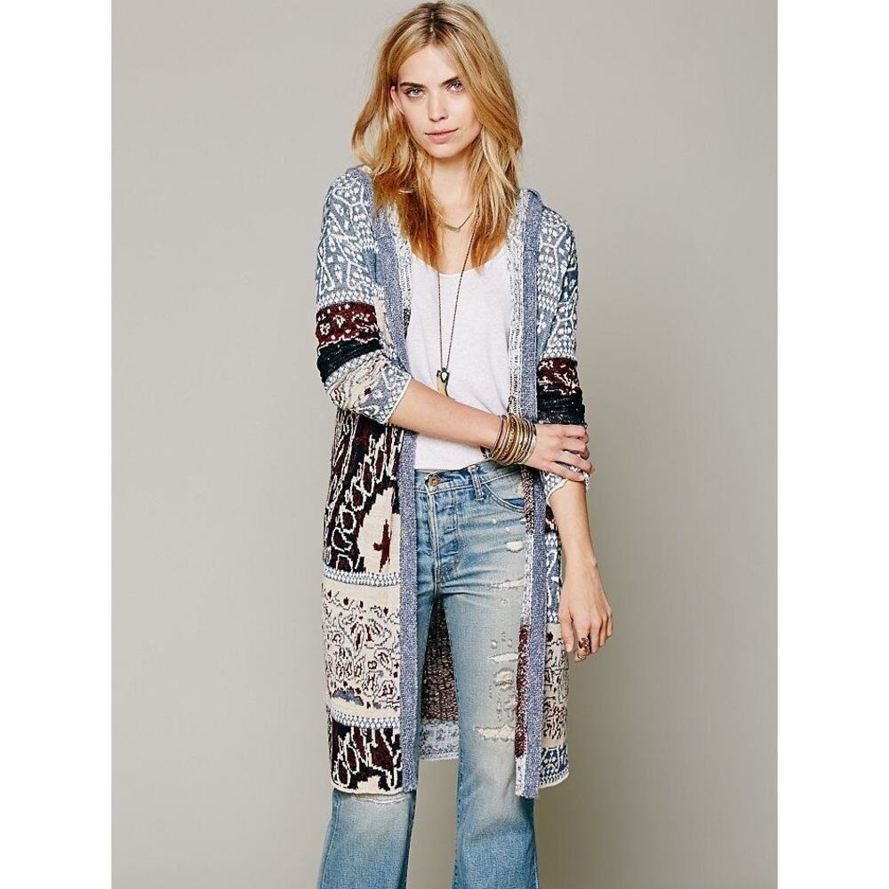 Free People Americana Bandana Hooded Long Duster Size XS Boho Festival Patriotic